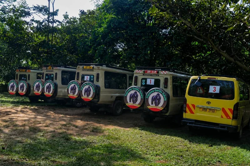 Five Supreme Gorilla Safaris vehicles parked in a row, each with a branded spare-wheel cover