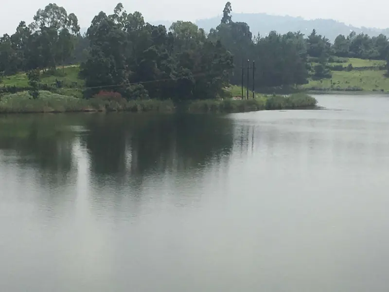 A calm lake in the Kigezi highlands with terraced hills behind
